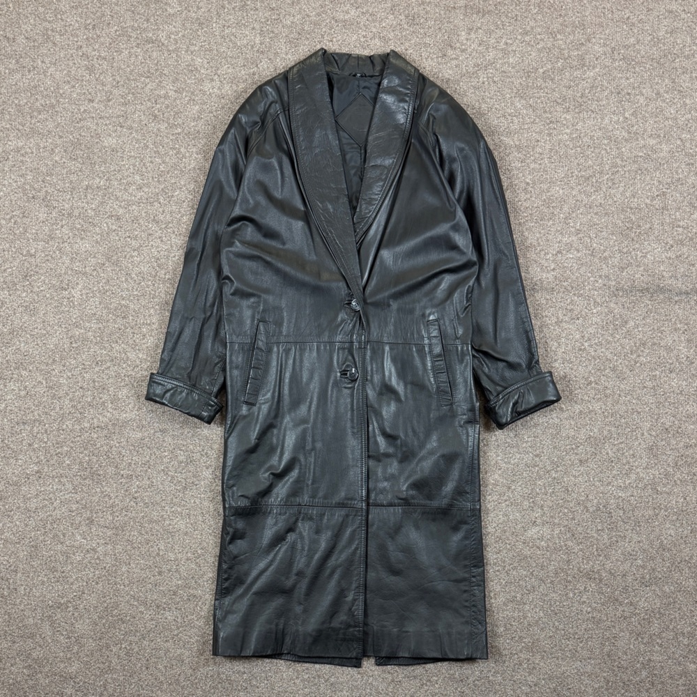 VTG 80s Jaqueline Ferrar Black Long Genuine Leather Trench Overcoat Women’s 4P